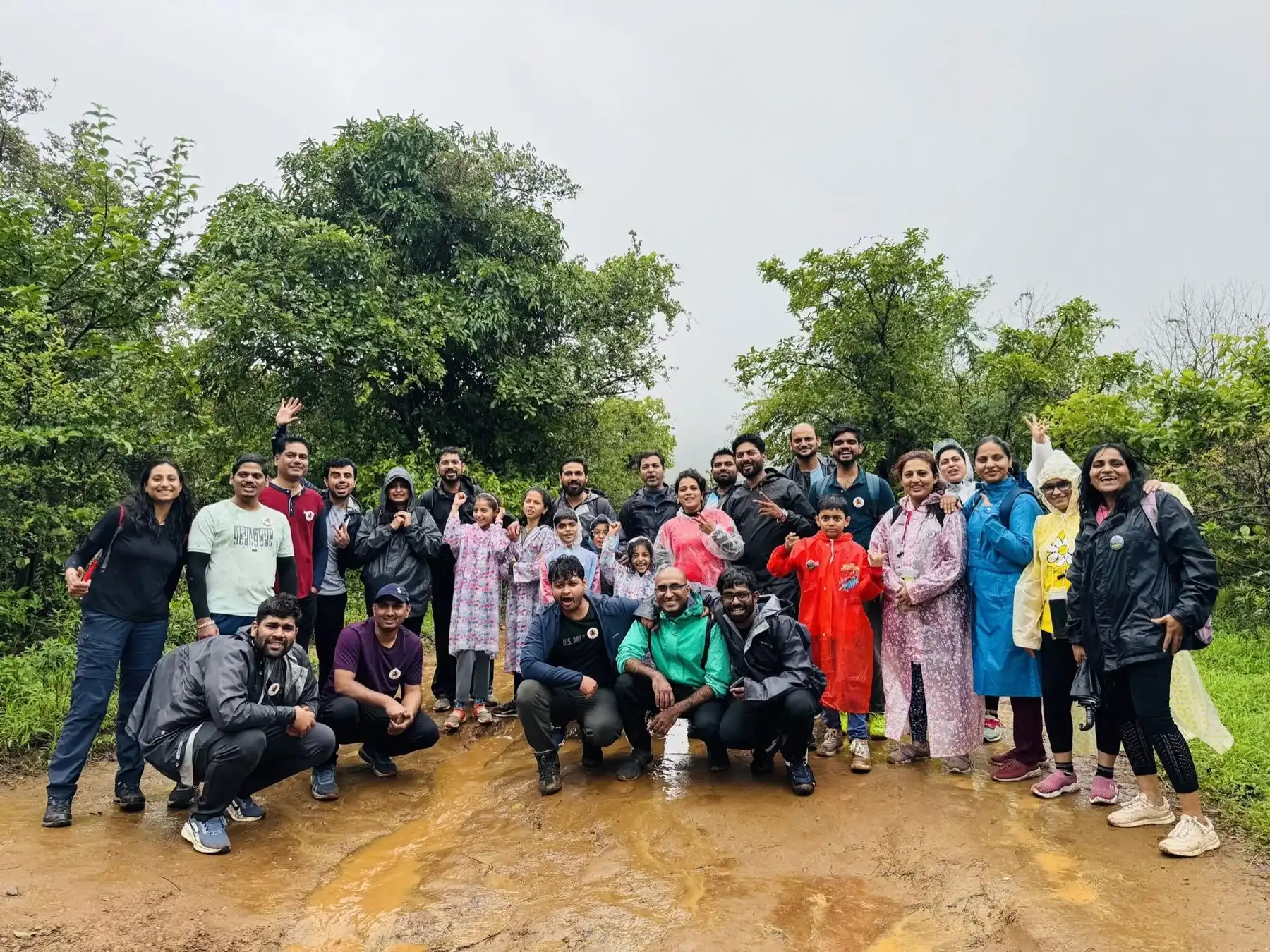 A trekking group lined up on a Sahyadri ridge